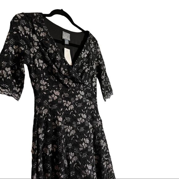 Black Lace Dress Size 4, Black & Silver VNeck half-sleeve NWT - Picture 1 of 14